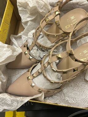 MIA Nude Patent Pointed-Toe Strappy Pumps with Gold Studs